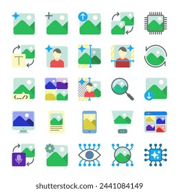 AI image generated icon collection in flat style for the development of artificial intelligence technology