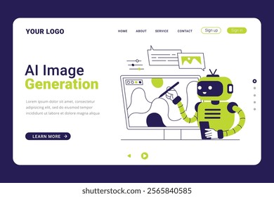 AI Image Generation landing page template. Robot AI creating digital art on computer design concept illustration