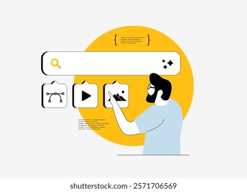 AI image generation prompts for content creation including photo images, video files, vector icons and marketing content. Modern AI assistant for creative and marketing workflows isolated illustration