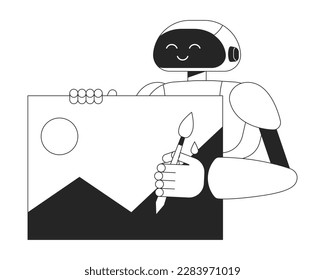 AI image generator black and white concept vector spot illustration. Editable 2D flat monochrome cartoon character for web design. Artificial intelligence line art idea for website, mobile, blog