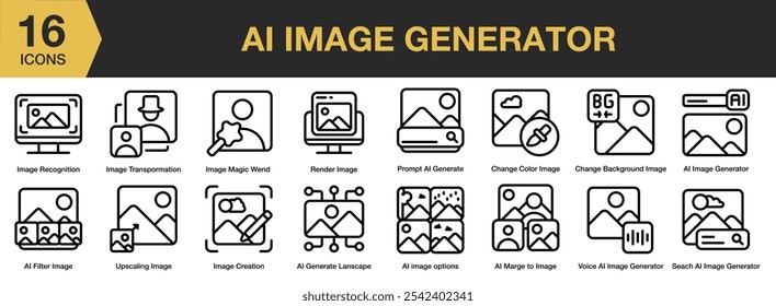 AI Image Generator icon set. Includes image generator, recognition, magic wind, filter, landscape, color, and More. Outline icons vector collection.