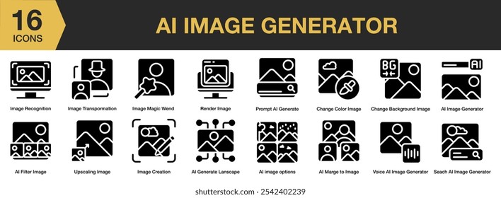 AI Image Generator solid icon set. Includes image generator, recognition, magic wind, filter, landscape, color, and More. Solid icons vector collection.