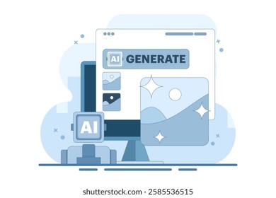 AI Image Maker Concept, Artificial intelligence generates image with command, AI tool inputs word command to become image. Vector illustration background with icon