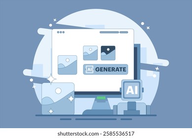 AI Image Maker Concept, Artificial intelligence generates image with command, AI tool inputs word command to become image. Vector illustration background with icon