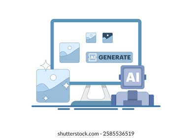 AI Image Maker Concept, Artificial intelligence generates image with command, AI tool inputs word command to become image. Vector illustration background with icon