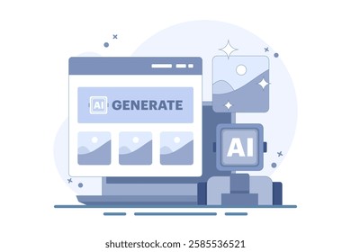 AI Image Maker Concept, Artificial intelligence generates image with command, AI tool inputs word command to become image. Vector illustration background with icon