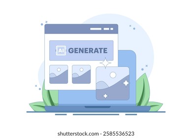 AI Image Maker Concept, Artificial intelligence generates image with command, AI tool inputs word command to become image. Vector illustration background with icon