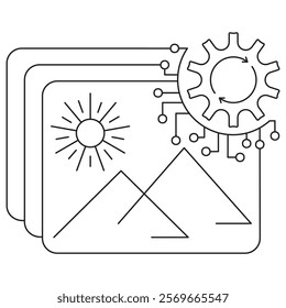 AI Image Processing icon. Simple outline black vector pictogram with thin lines on a transparent background. Line thickness is editable