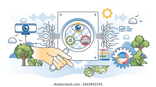 AI image recognition and artificial picture detection outline hands concept. Intelligence software with ability to identify and analyzing generated images vector illustration. Biometric detection.