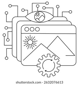 AI image recognition and processing icon. Vector pictogram with thin black lines on transparent background. Editable stroke thickness. Ideal for AI visual systems and smart photo tools