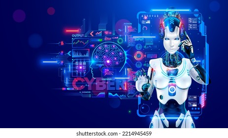 AI in image robot woman or female cyborg working on 3d holographic interface. Robotic lady with Beautiful face and cybernatic hand pressing button. Anthropomorphic Artificial intelligence AI concept.