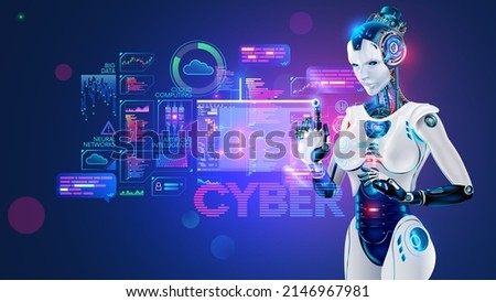 AI in image robot woman or female cyborg working on 3d holographic interface. Robotic lady with Beautiful face and cybernatic hand pressing button. Anthropomorphic Artificial intelligence concept.