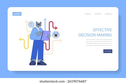 AI impact on decision-making for mid-sized business leaders. The illustration portrays a character amidst various decision pathways, representing strategic choices and AI integration in management