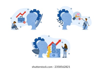 AI Impacts illustration set. characters are looking at AI negative working including rising unemployment rate, no mercy system, high cost. AI negative impacts concept. vector illustration.