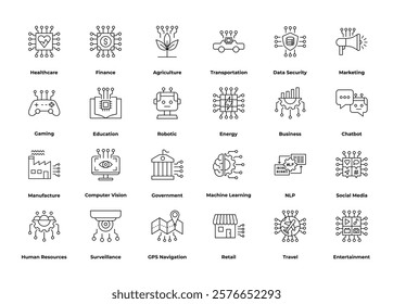 AI implementation icon in business, education, healthcare, marketing, social media, data security, fintech, machine learning, gaming etc. Artificial intelligence line icon set.