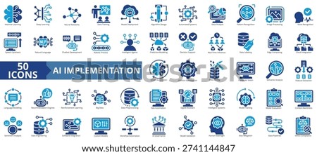 ai implementation icon set flat style illustration. containing ai governance, algorithm design, analysis, automated system, bias mitigation, big data, chatbot development, cloud integration