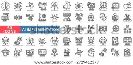 ai implementation icon set outline style illustration. containing ai governance, algorithm design, analysis, automated system, bias mitigation, big data, chatbot development, cloud integration