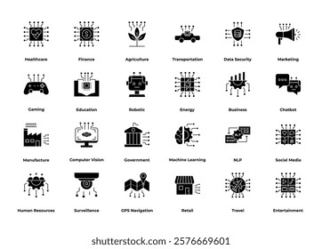 AI implementation solid icon in business, education, healthcare, marketing, social media, data security, fintech, machine learning, gaming etc. Artificial intelligence solid icon set.