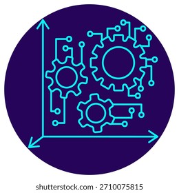 AI Industrial Robotics icon. Vector thin line illustration on a round dark blue background. Symbolizes intelligent control (circuits) over complex processes (gears) in a measured 3D space