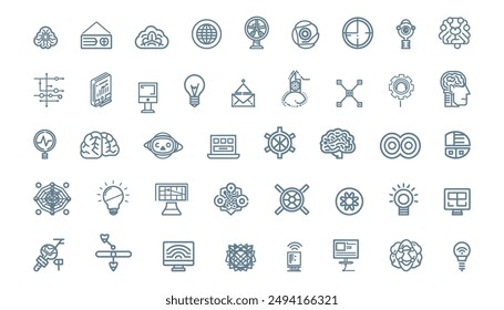 AI industry 50 icons set. With Concepts like Setting, cloud, Robotics, it, biometric, device, chip, robot, cloud,automation icon, iot, communication, programming. Big icon set in a flat style