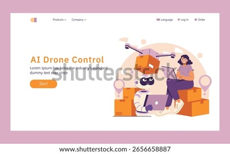 AI in industry revolutionizes logistics through drone technology. The illustration features a person collaborating with a robotic assistant, emphasizing automation and efficiency in manufacturing