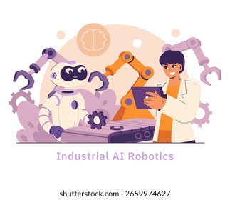 La IA en las Formas de la industria manufacturera es eficiente e innovadora. Un técnico colabora con robots para optimizar los procesos de producción, mostrando el futuro de la integración de tecnología inteligente. Vector