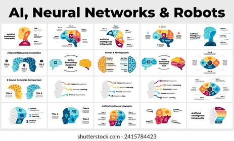 Plantilla Infográfica AI. Ilustración de Inteligencia Artificial. Diagrama del gráfico de idiomas del equipo. Logotipo de red neuronal. Microesquema de Chip. Robot, icono del ciborg. Cabeza humanoide. Aprendizaje automático profundo