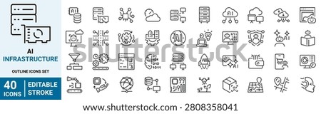AI Infrastructure Line Icons Set. Artificial Intelligence, Cloud Computing, GPU Servers, Data Center, Machine Learning. Editable stroke. Vector illustration