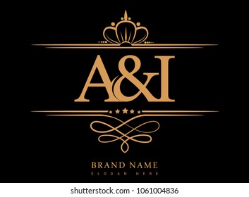 A&I Initial logo, Ampersand initial logo gold with crown and classic pattern