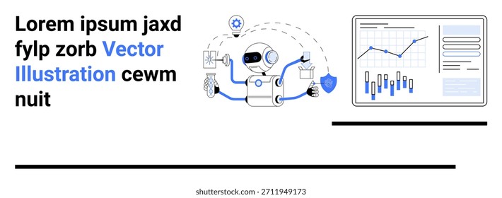 Inovação de IA, automação, análise de dados, segurança digital, tecnologia empresarial e eficiência de fluxo de trabalho. Robô interagindo com dispositivos e gráficos estatísticos. Inovação da IA e análise de dados
