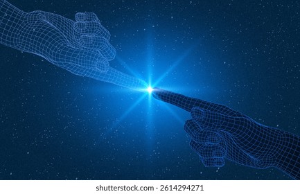 AI innovation concept. Abstract digital background. Digital human hand finger on processor circuit board. Artificial Intelligence concept. 3D low poly wireframe Robot arm and hand human Touch