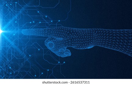 AI innovation concept. Abstract digital background. Digital human hand finger on processor circuit board. Artificial Intelligence concept. 3D low poly wireframe Robot arm and hand human Touch