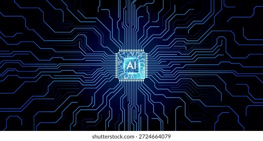 Concepto de innovación de IA.  Fondo digital Abstractas. El dedo humano índice presiona un chip o procesador de IA de color azul claro.  Concepto de inteligencia artificial. Ilustración vectorial de estructura de alambre de polietileno baja 3D.