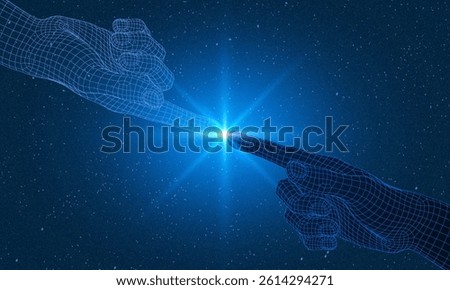 AI innovation concept. Abstract digital background. Digital human hand finger on processor circuit board. Artificial Intelligence concept. 3D low poly wireframe Robot arm and hand human Touch