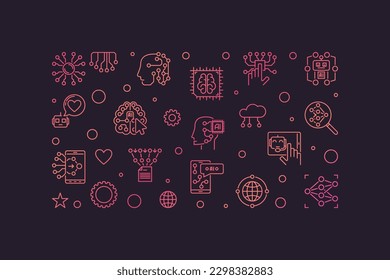 AI Innovation concept thin line colored banner - Neural network vector horizontal illustration on dark background