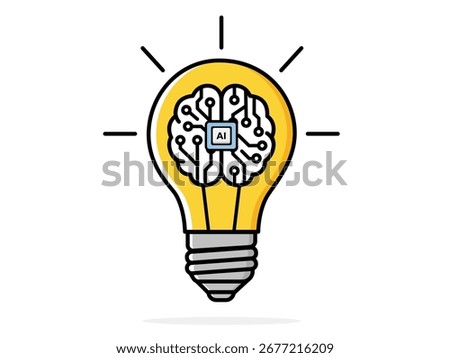 AI innovation and creative ideas. An icon of a light bulb with an AI circuit board brain inside, symbolizing artificial intelligence's role in generating new concepts and intelligent insights.