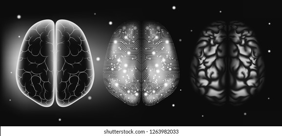 AI Innovation, Cyber Tech, Human Brain Analysis. Big Data Visualization, Machine Learning, Artificial Intelligence (AI) Presentation. Science Futuristic Design. Progress of Digital Technology with AI.