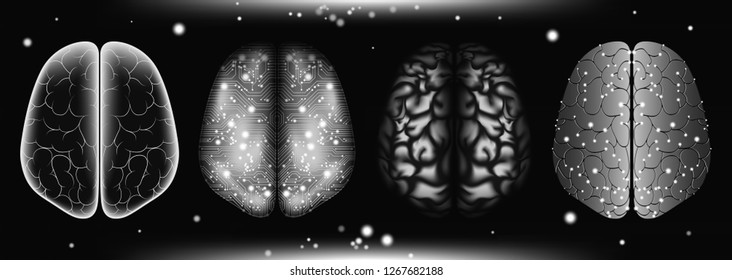 AI Innovation, Cyber Tech, Human Brain Analysis. Big Data Visualization, Machine Learning, Artificial Intelligence (AI) Presentation. Science Futuristic Design. Progress of Digital Technology with AI.
