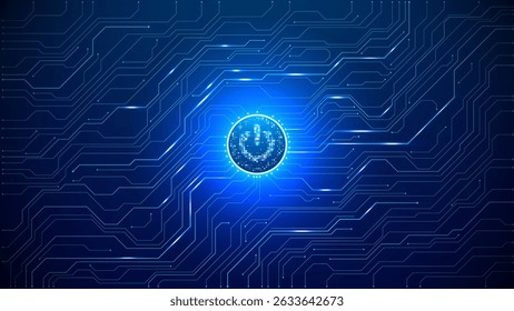 AI innovation futuristic concept. Technology blue background. ON Power blue button, and circuit board. Artificial intelligence and Machine Learning cover. For web and presentation bg.