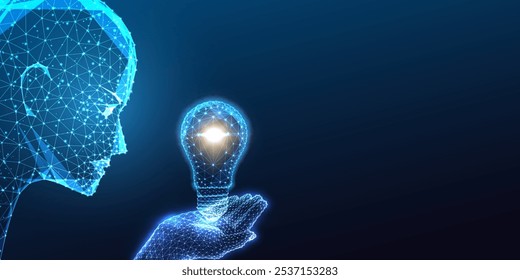 AI innovation ideas concept with robotic head holding glowing lightbulb on dark blue background. Creativity, technology, inspiration, and advancements. Low polygonal abstract vector illustration