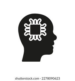 AI, Innovation Neuroscience Concept Solid Sign. Pictograma de silueta de Chip de cabeza humana y tecnología. Icono de inteligencia artificial. Ilustración de vectores aislados.
