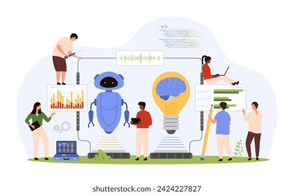 AI innovation technology for data research. Tiny people work with digital mind, brain and microchips inside light bulb and robot android in creative connection system cartoon vector illustration