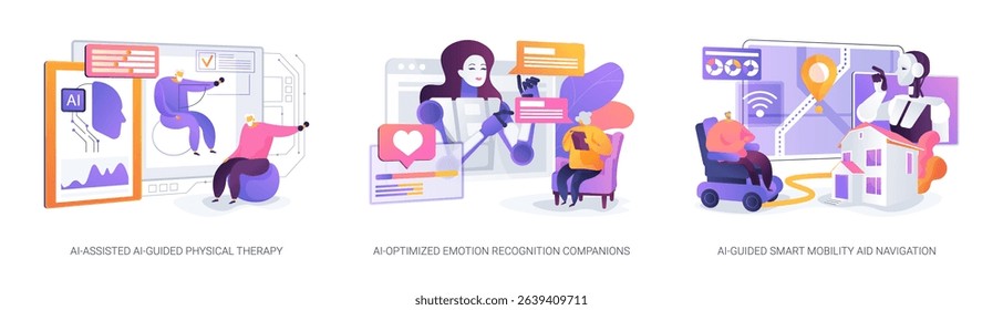 AI Innovations in Senior Care abstract concept vector illustration set. AI enhances physical therapy, emotional support, and mobility aids for improved elderly well-being. abstract metaphor.