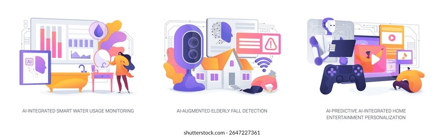 AI Innovations for Smarter Homes abstract concept vector illustration set. AI monitors water use, detects falls, and enhances entertainment systems for safer, smarter homes. abstract metaphor.
