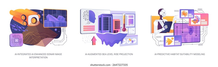 AI Insights in Ocean Research conceito abstrato vetor ilustração conjunto. A IA aperfeiçoa a imagem de sonares, prevê a elevação do nível do mar e modela hábitats para apoiar a ciência marinha.
