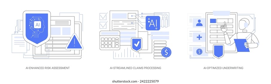 Juego de ilustraciones de vector de concepto abstracto de IA en Seguros. Evaluación y evaluación de riesgos mejorados por IA, procesamiento de reclamaciones racionalizadas por IA, evaluación de daños, metáfora abstracta de suscripción optimizada por IA.