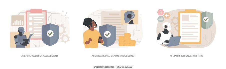 AI in Insurance abstract concept vector illustration set. AI-Enhanced Risk Assessment and evaluation, AI-Streamlined Claims Processing, damage assessment, AI-Optimized Underwriting abstract metaphor.