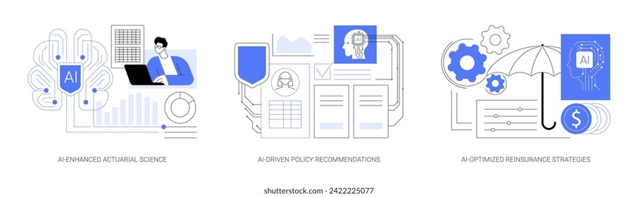 AI for Insurance Companies abstract concept vector illustration set. AI-Enhanced Actuarial Science, AI-Driven Policy Recommendations, AI-Optimized Reinsurance Strategies abstract metaphor.