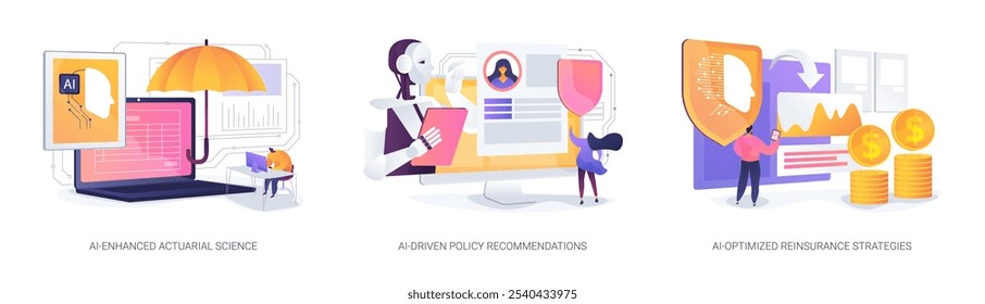 AI para companhias de seguros conceito abstrato vetor ilustração conjunto. AI-Enhanced Atuarial Science, AI-Driven Policy Recommendations, AI-Otimized Resinsurance Strategies abstract metaphor.