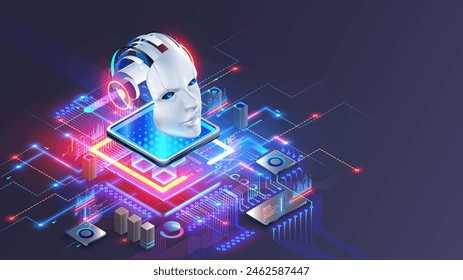 In einem Computerprozessor integrierte KI. KI-Roboterkopf oder Gesicht über elektronischen Chip oder CPU auf der Hauptplatine. Künstliche Intelligenz-Technologie im elektronischen Chip auf einer Leiterplatte. Konzept der KI-Chip-Technologie.